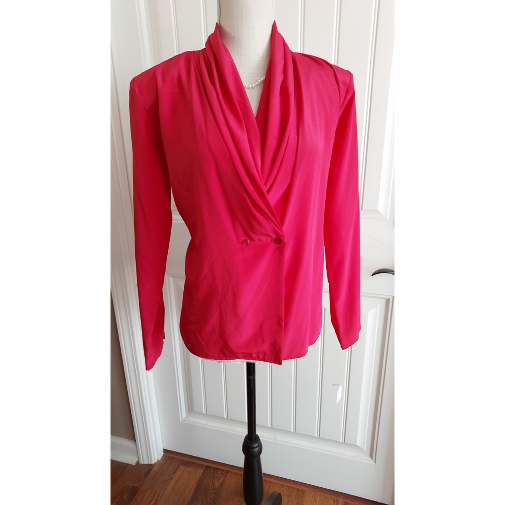 Vintage 80s Hot Pink Draped Blouse Surplice Cowl Front Fuchsia Top Career Size 8